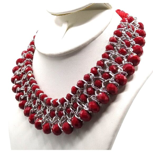 Amrita Singh Cleo Red Beaded Bib Necklace, Vintage Multi Strand with Fabulous - Picture 3 of 5